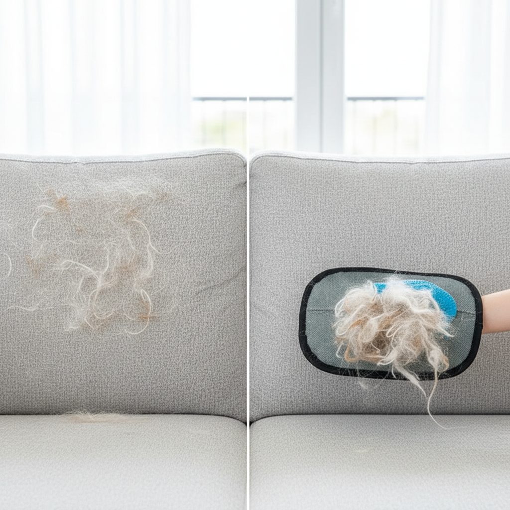 Hondenhaar verwijderen van een bankkussen met de Monaro handschoen, voor en na